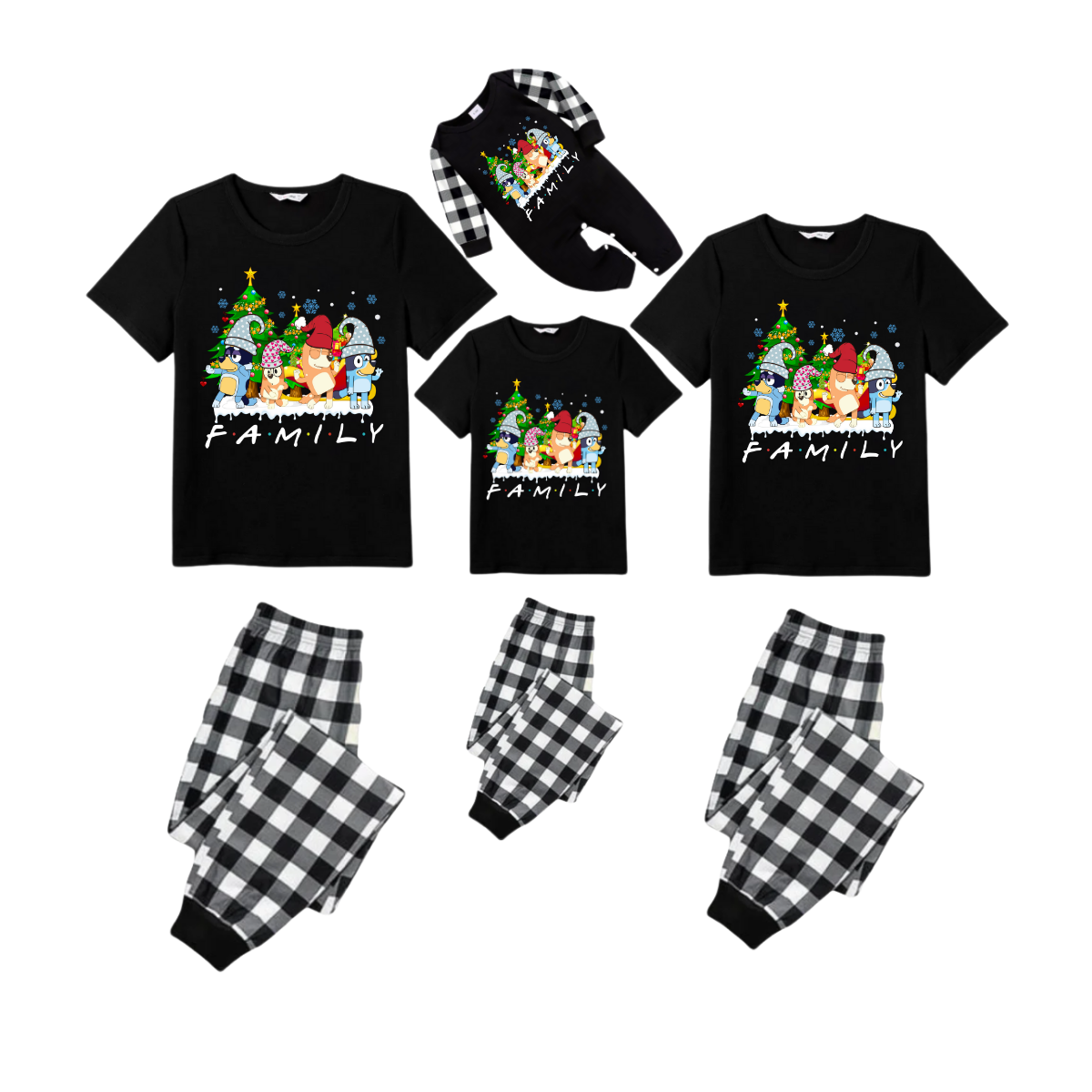 Believe Grinch and Friends Family Christmas Pajamas Set - Black Top Black and White Plaid Pants Festive Graphic