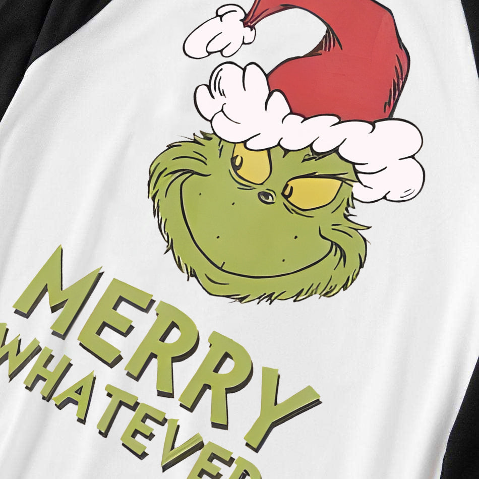 Christmas Cartoon and 'Merry Whatever' Letter Print Contrast Tops and Black and Green Plaid Pants Family Matching Pajamas Sets With Dog Bandana