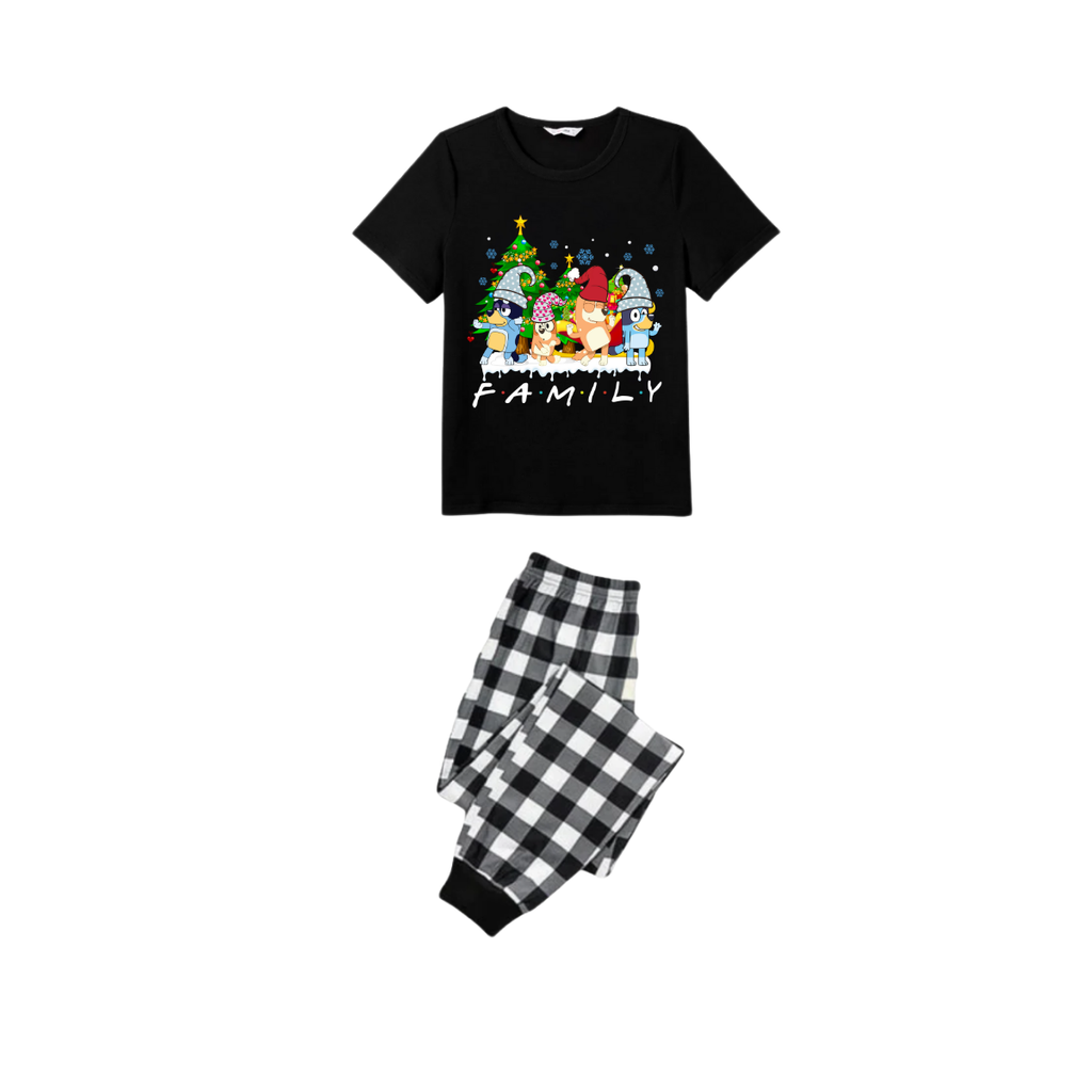 Believe Grinch and Friends Family Christmas Pajamas Set - Black Top Black and White Plaid Pants Festive Graphic