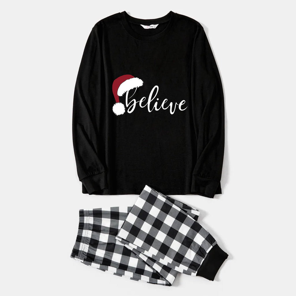 Christmas Hat and 'Believe“ Letter Print Patterned Couple Black & White Plaid Pajamas Set