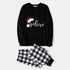 Christmas Hat and 'Believe“ Letter Print Patterned Couple Black & White Plaid Pajamas Set