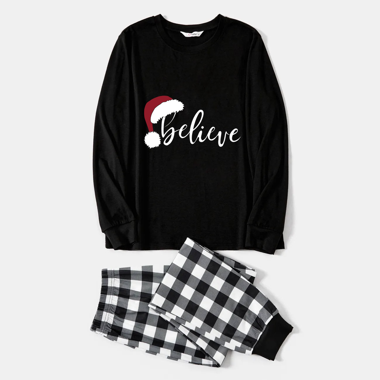 Christmas Hat and 'Believe“ Letter Print Patterned Couple Black & White Plaid Pajamas Set