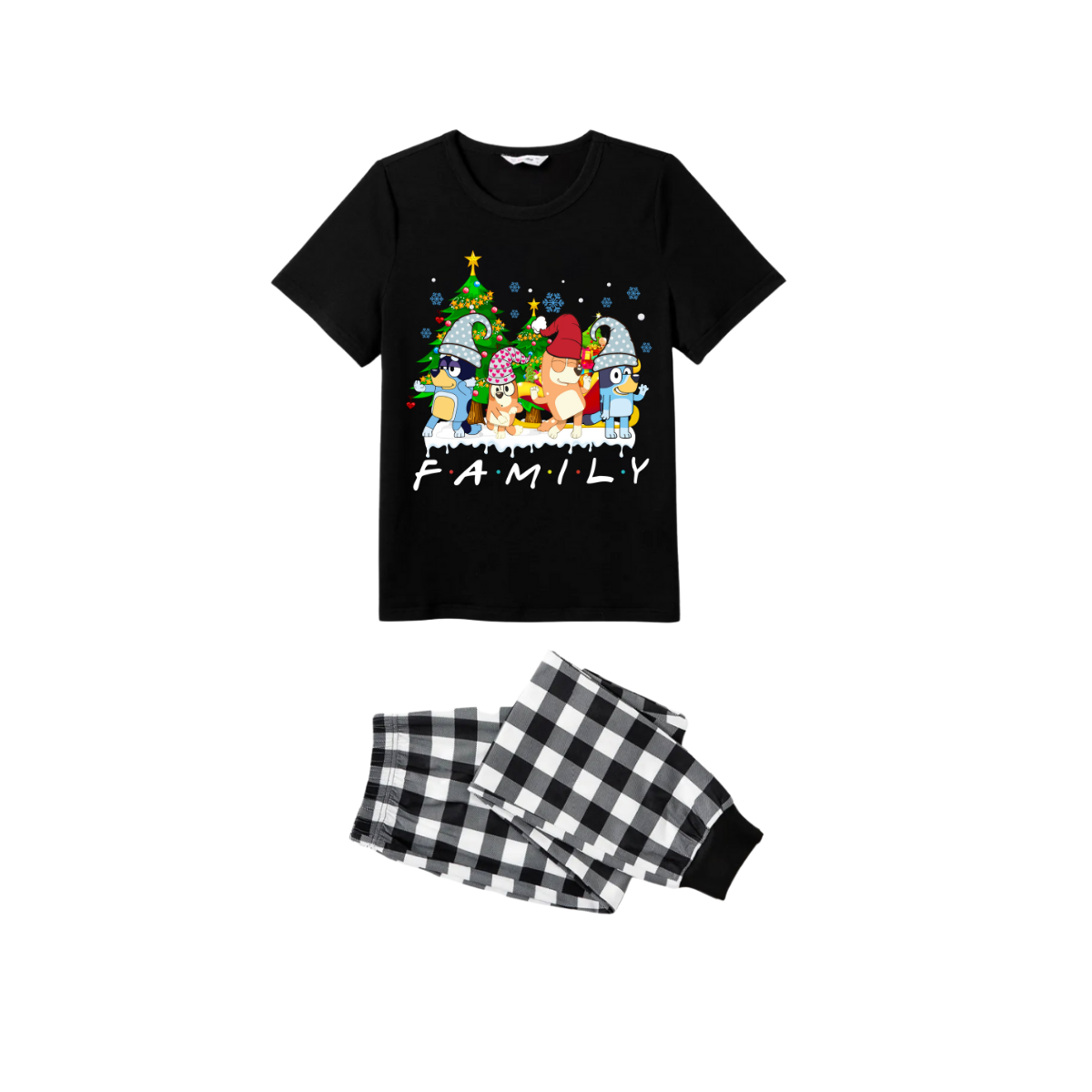 Believe Grinch and Friends Family Christmas Pajamas Set - Black Top Black and White Plaid Pants Festive Graphic