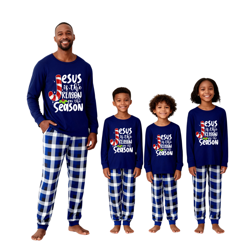 Christmas Jesus White Letter Prints Contrast Blue Long Sleeve with Blue and White Plaid Pants Family Matching Pajamas