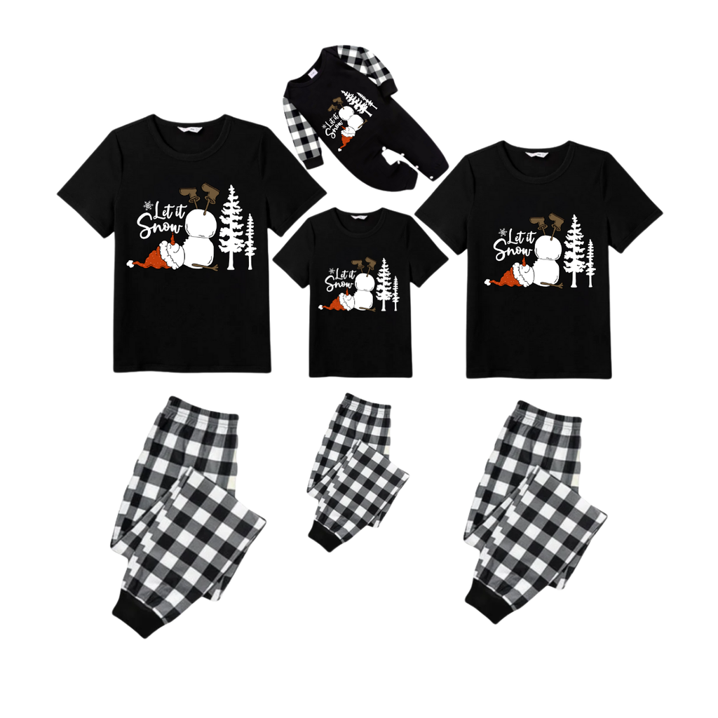 Let it Snow Snowman Family Christmas Pajamas Set - Black Top Black and White Plaid Pants White Text Graphic