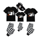 Let it Snow Snowman Family Christmas Pajamas Set - Black Top Black and White Plaid Pants White Text Graphic