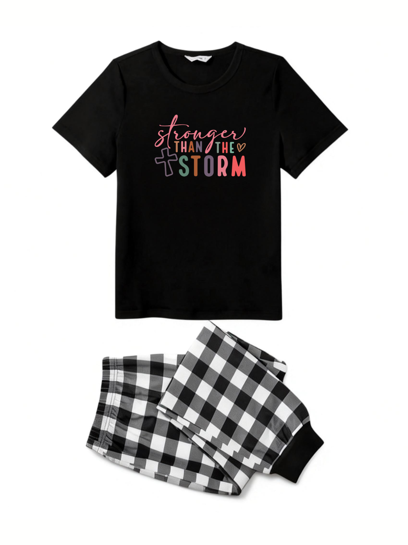 Strong Than The StrongText Printed Black Short Sleeve and Black&White Plaid Pants Family Matching Pajamas Set