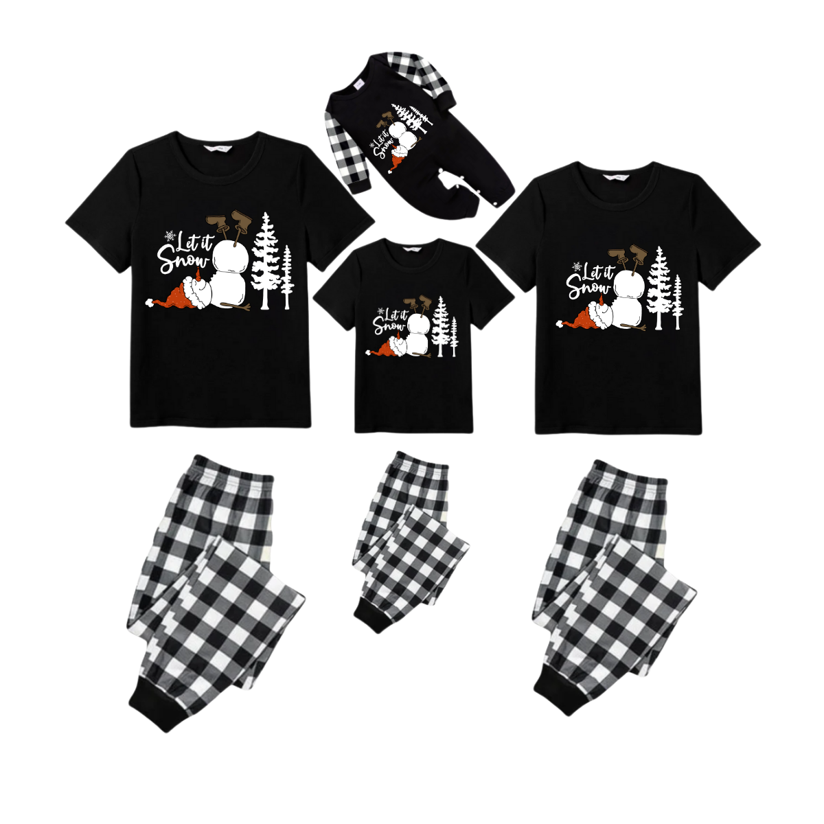 Let it Snow Snowman Family Christmas Pajamas Set - Black Top Black and White Plaid Pants White Text Graphic