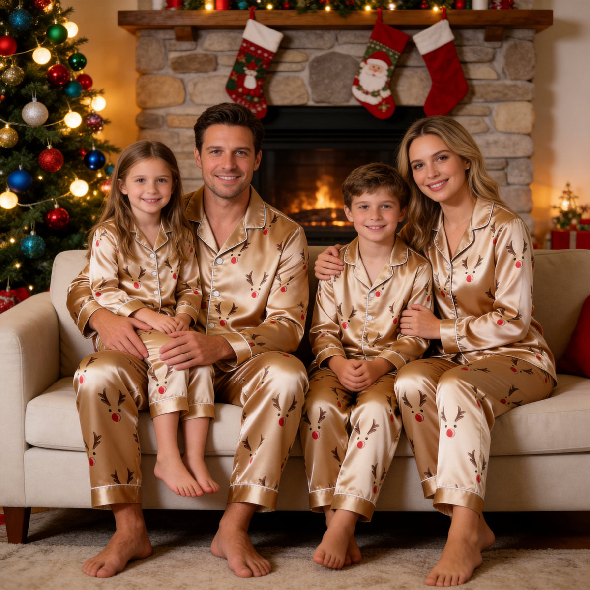 Champagne Reindeer Face Print Satin Button-Up Family Christmas Pajamas Set