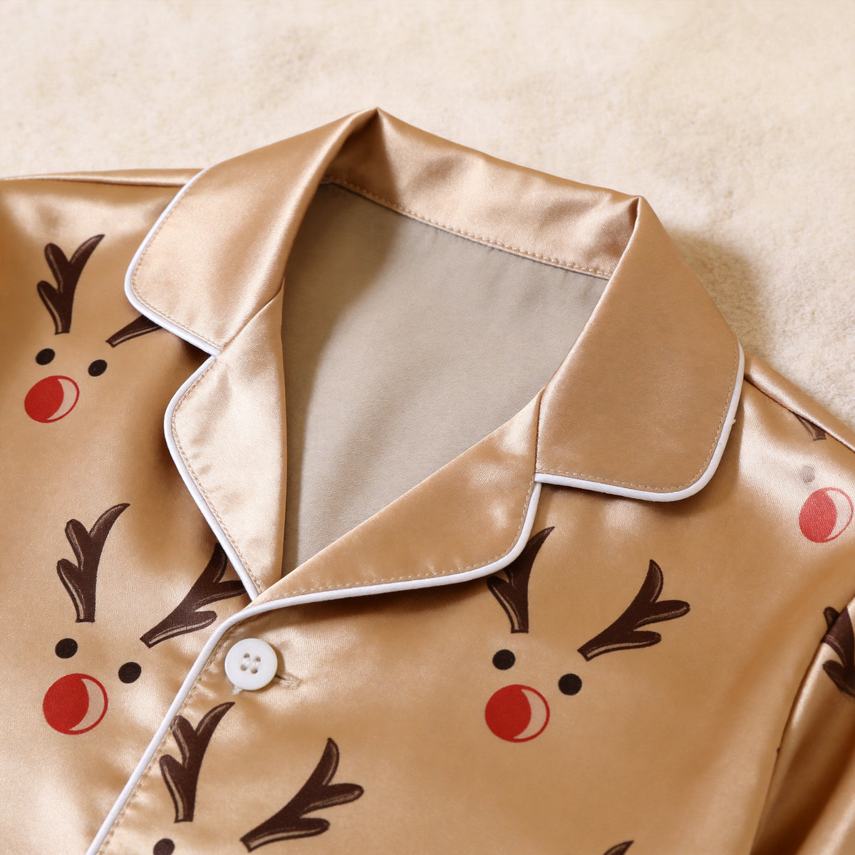 Champagne Reindeer Face Print Satin Button-Up Family Christmas Pajamas Set