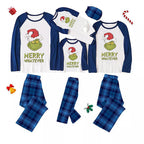 'Dear Santa They Are The Naughty One' Letter Print Casual Long Sleeve Sweatshirts Blue Sleeve Contrast Tops and Blue Plaid Pants Family Matching Pajamas Sets With Dog Bandan