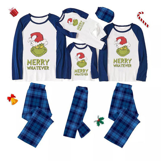 'Dear Santa They Are The Naughty One' Letter Print Casual Long Sleeve Sweatshirts Blue Sleeve Contrast Tops and Blue Plaid Pants Family Matching Pajamas Sets With Dog Bandan