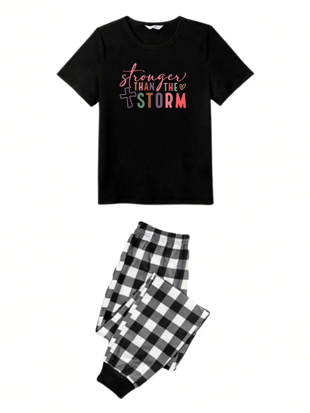 Strong Than The StrongText Printed Black Short Sleeve and Black&White Plaid Pants Family Matching Pajamas Set