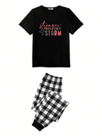 Strong Than The StrongText Printed Black Short Sleeve and Black&White Plaid Pants Family Matching Pajamas Set