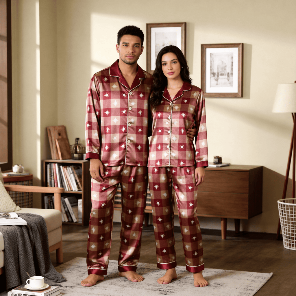 Star Plaid Satin Matching Pajamas for Couples – Long Sleeve Button-Down Top & Pants Sleepwear Set