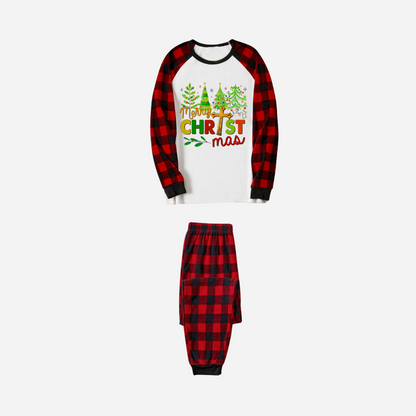 Merry Christmas Trees Family Christmas Pajamas Set - White Top with Red Plaid Sleeves and Red Plaid Pants