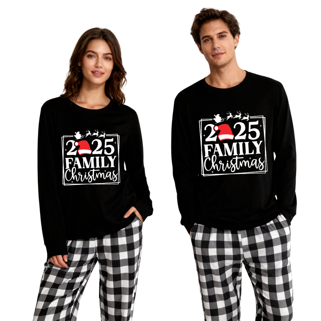 "2025 FAMILY CHRISTMAS" Text and Sleigh Pattern - Black Long Sleeve Top with Black And White Plaid Pants Family Matching Pajamas