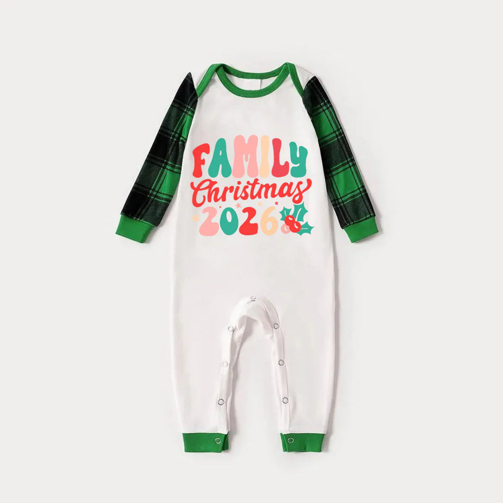 Christmas ' Family Christmas 2026' Letter Print Patterned  Casual Long Sleeve Sweatshirts Green Contrast Tops and Black and Green Plaid Pants  Family Matching Raglan Long-sleeve Pajamas Sets With Dog Bandana
