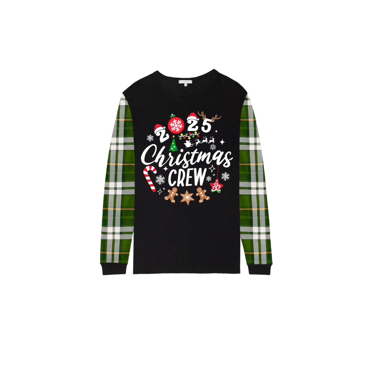 Christmas Crew 2025 Family Pajamas Set - Black Top, Green Pants, Green Plaid Sleeves, Gingerbread Candy Print
