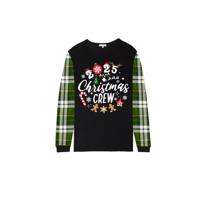 Christmas Crew 2025 Family Pajamas Set - Black Top, Green Pants, Green Plaid Sleeves, Gingerbread Candy Print