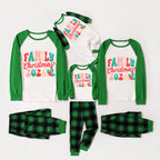 Christmas ' Family Christmas 2026' Letter Print Patterned  Casual Long Sleeve Sweatshirts Green Contrast Tops and Black and Green Plaid Pants  Family Matching Raglan Long-sleeve Pajamas Sets With Dog Bandana