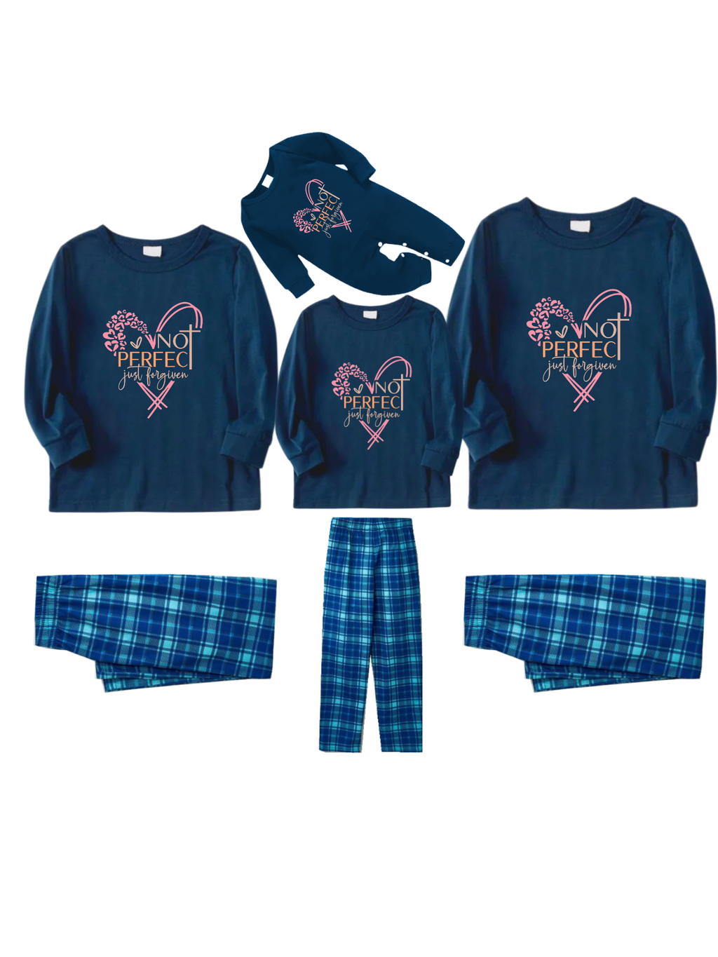 Not Perfect Just Forgiven Letter Printed Blue Plaid Matching Pajamas