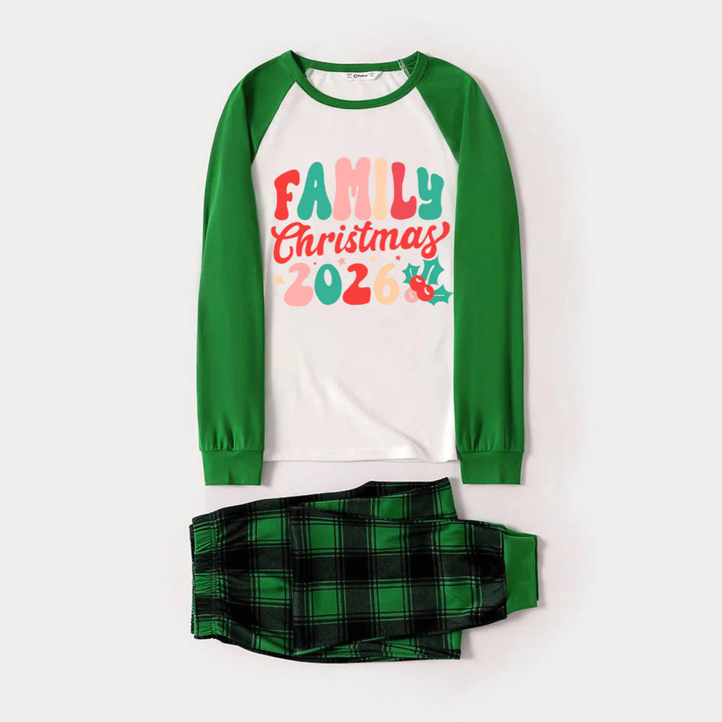 Christmas ' Family Christmas 2026' Letter Print Patterned  Casual Long Sleeve Sweatshirts Green Contrast Tops and Black and Green Plaid Pants  Family Matching Raglan Long-sleeve Pajamas Sets With Dog Bandana
