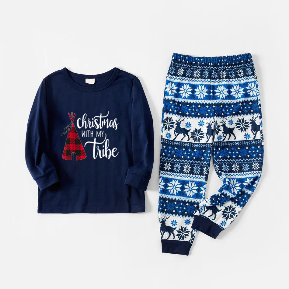 2025 Christmas Family Matching Sleepwear Pajamas Christmas Tent Print Blue Pajamas Set