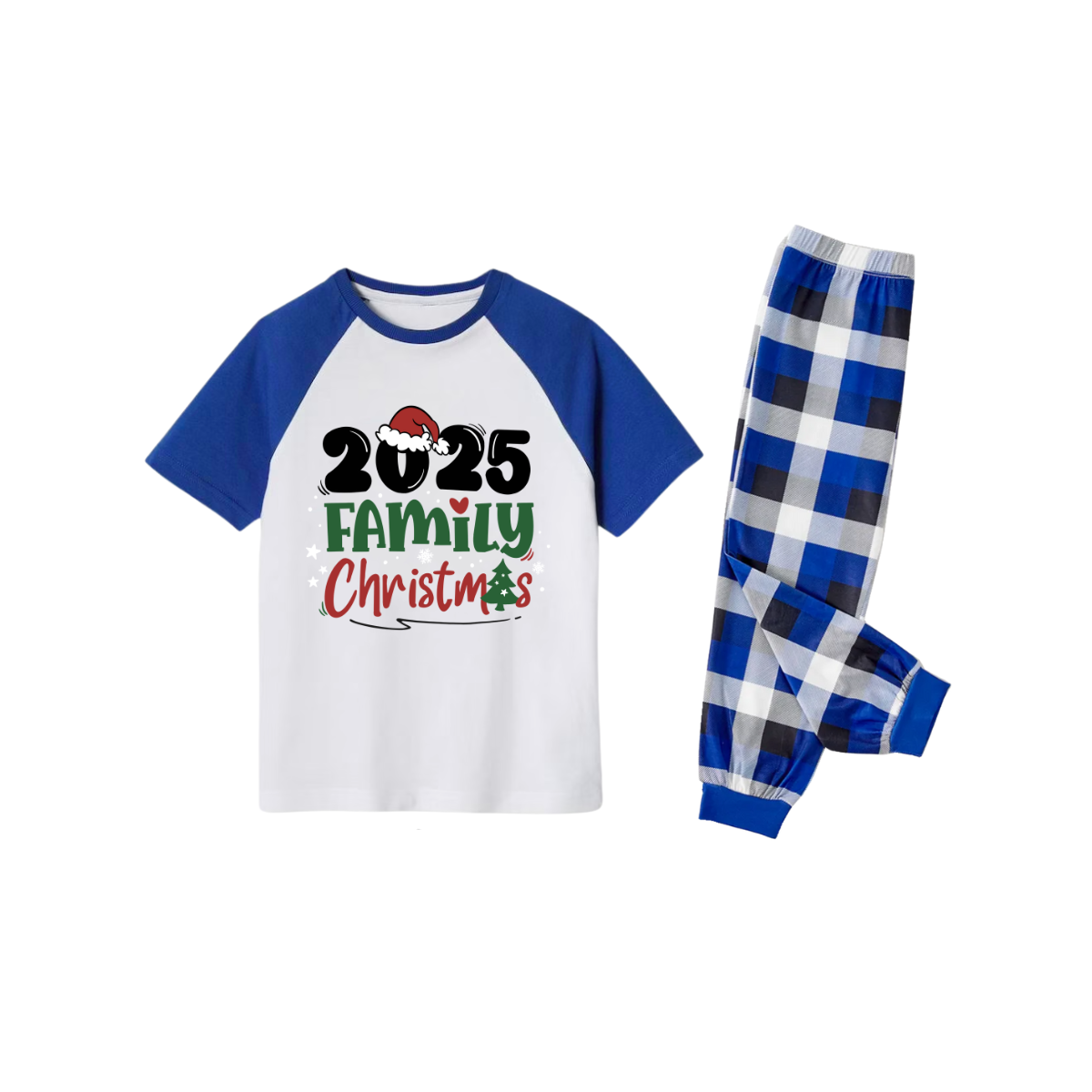 2025 Family Christmas Pajamas Set - White Top Blue Sleeves Blue Plaid Pants Green and Red Text Graphic