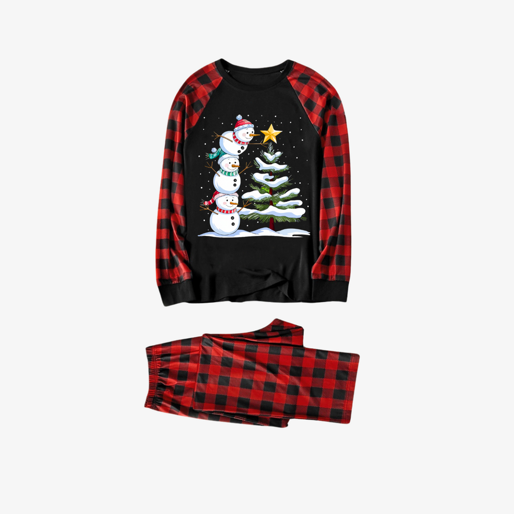 Red and Black Plaid Christmas Pajamas Set with Snowman & Christmas Tree Print