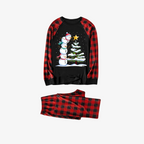 Red and Black Plaid Christmas Pajamas Set with Snowman & Christmas Tree Print