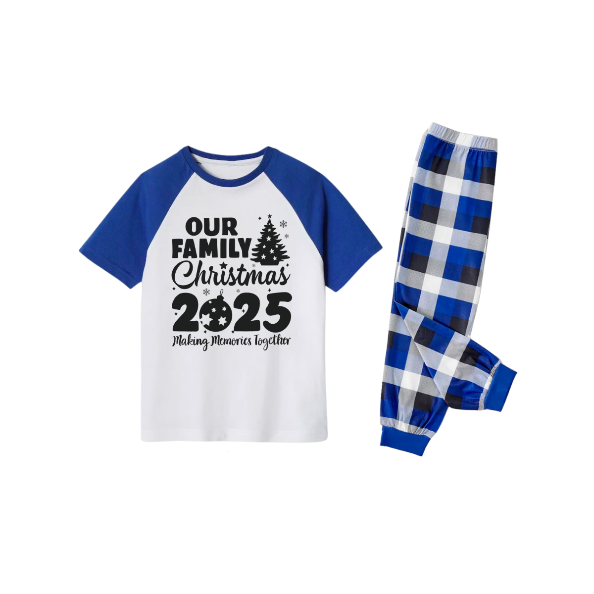 Our Family Christmas 2025 Family Pajamas Set - White Top, Blue Plaid Pants, Blue Sleeves, Christmas Tree and Ornaments Print