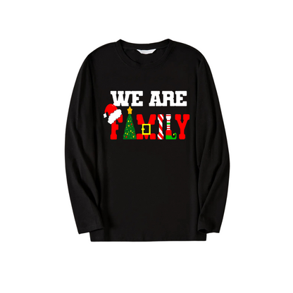 Christmas "We are Family" Text Print Black Long Sleeve Top with Red & White & Green Plaid Family Matching Pajamas