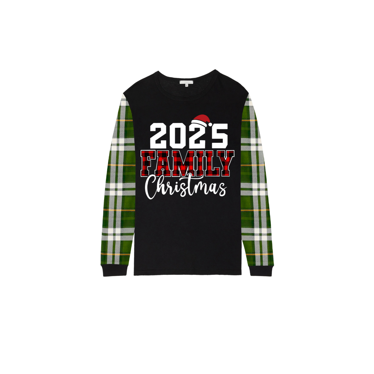 2025 Family Christmas Family Pajamas Set - Black Top, Green Pants, Green Buffalo Plaid Sleeves, Letter Print