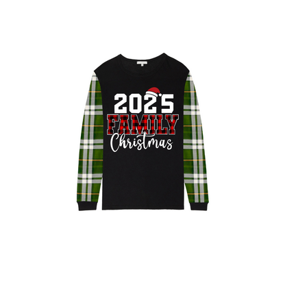2025 Family Christmas Family Pajamas Set - Black Top, Green Pants, Green Buffalo Plaid Sleeves, Letter Print