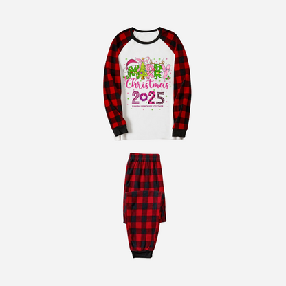 Merry Christmas 2025 Family Christmas Pajamas Set - White Top with Red Plaid Pants