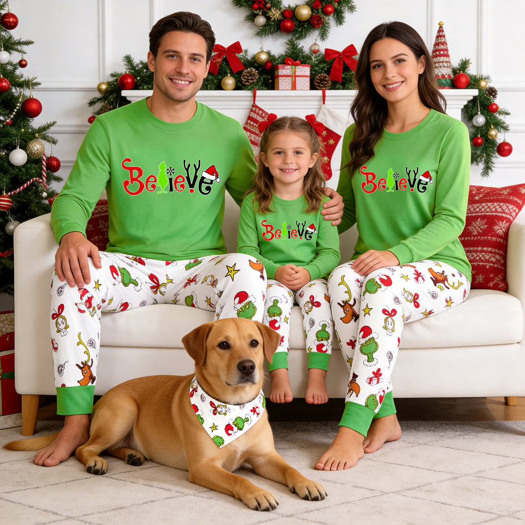 Christmas Family Matching Pajamas Set - Grinch "Believe" Graphic Top & Festive Pants