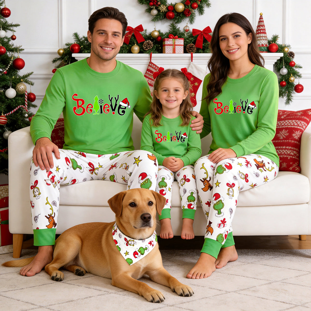 Christmas Family Matching Pajamas Set - Grinch "Believe" Graphic Top & Festive Pants