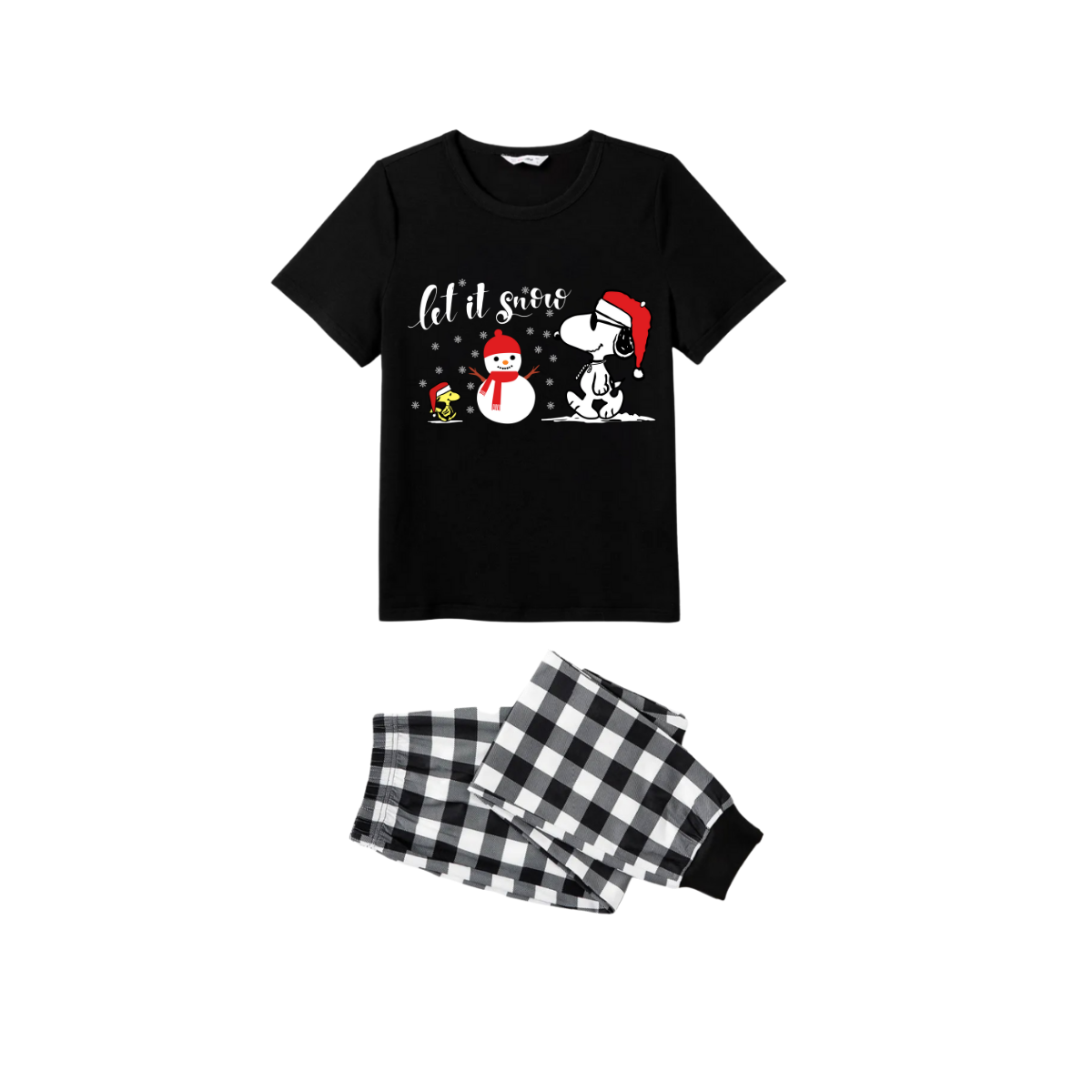 Let it Snow Snoopy Family Christmas Pajamas Set - Black Top Black and White Plaid Pants White Text Graphic