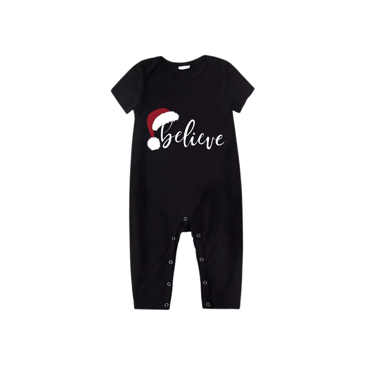 Believe Family Pajamas Set - Black Top Red Pants Red Plaid Sleeves Santa Hat Print