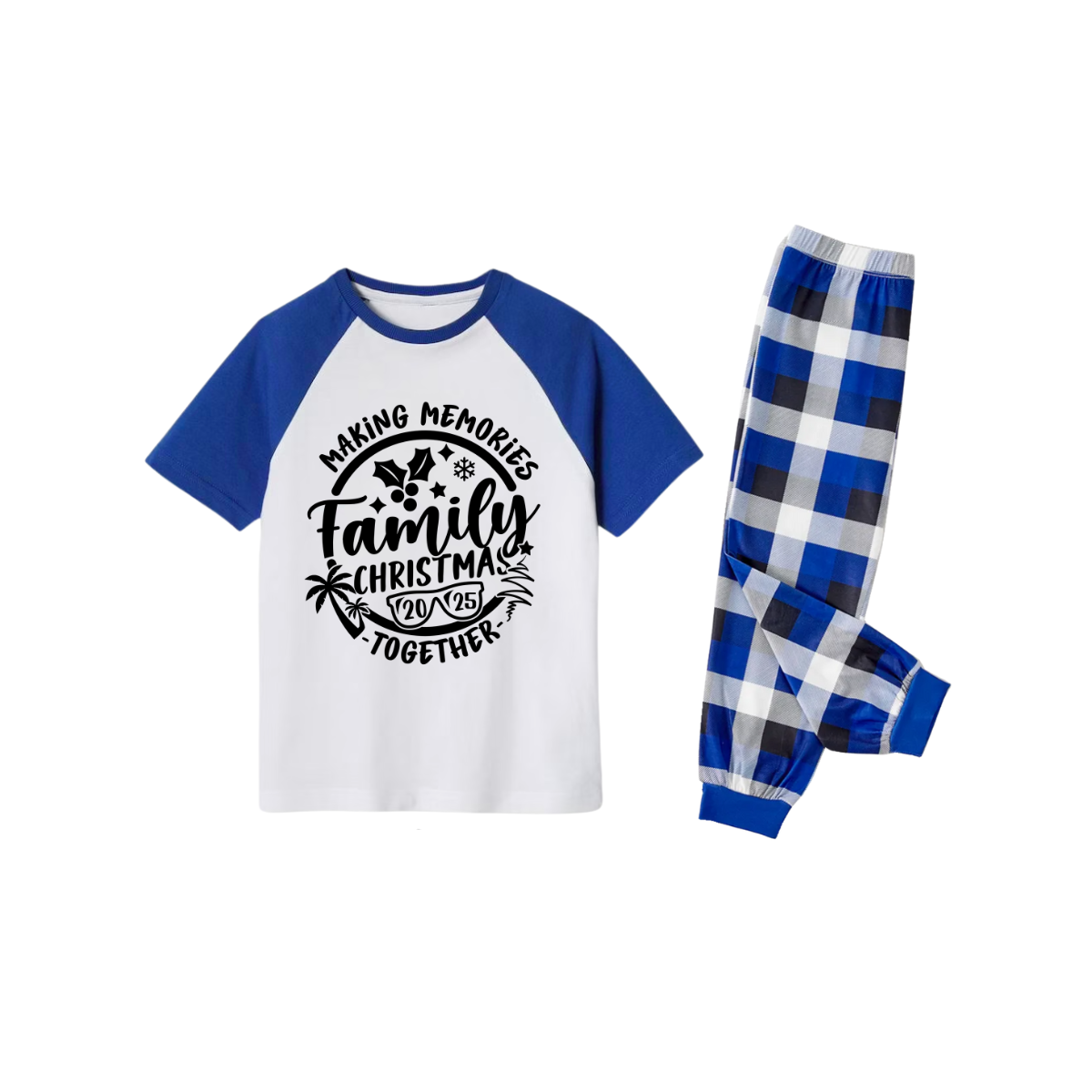 Making Memories Together Family Christmas 2025 Pajamas Set - White Top Blue Sleeves Blue Plaid Pants Black Text Graphic