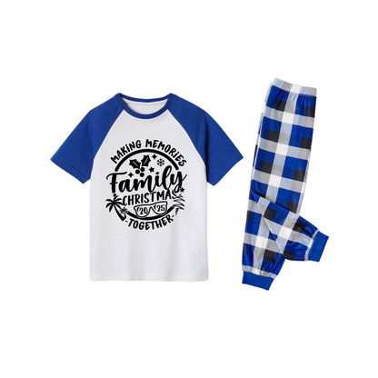 Making Memories Together Family Christmas 2025 Pajamas Set - White Top Blue Sleeves Blue Plaid Pants Black Text Graphic