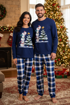 Couple Blue Plaid Pajamas Set with Snowman & Christmas Tree Print
