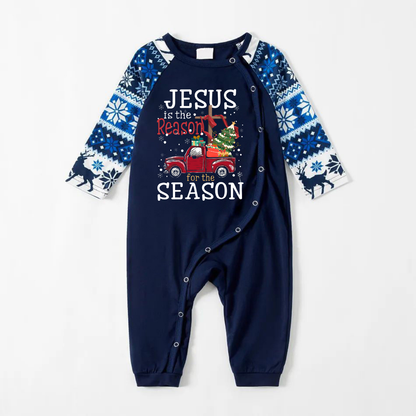 Joyful Blue Christmas Pajamas Set With "Jesus is the Reason for the Season" Text Print
