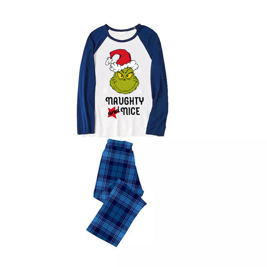 'Dear Santa They Are The Naughty One' Letter Print Casual Long Sleeve Sweatshirts Blue Sleeve Contrast Tops and Blue Plaid Pants Family Matching Pajamas Sets With Dog Bandan