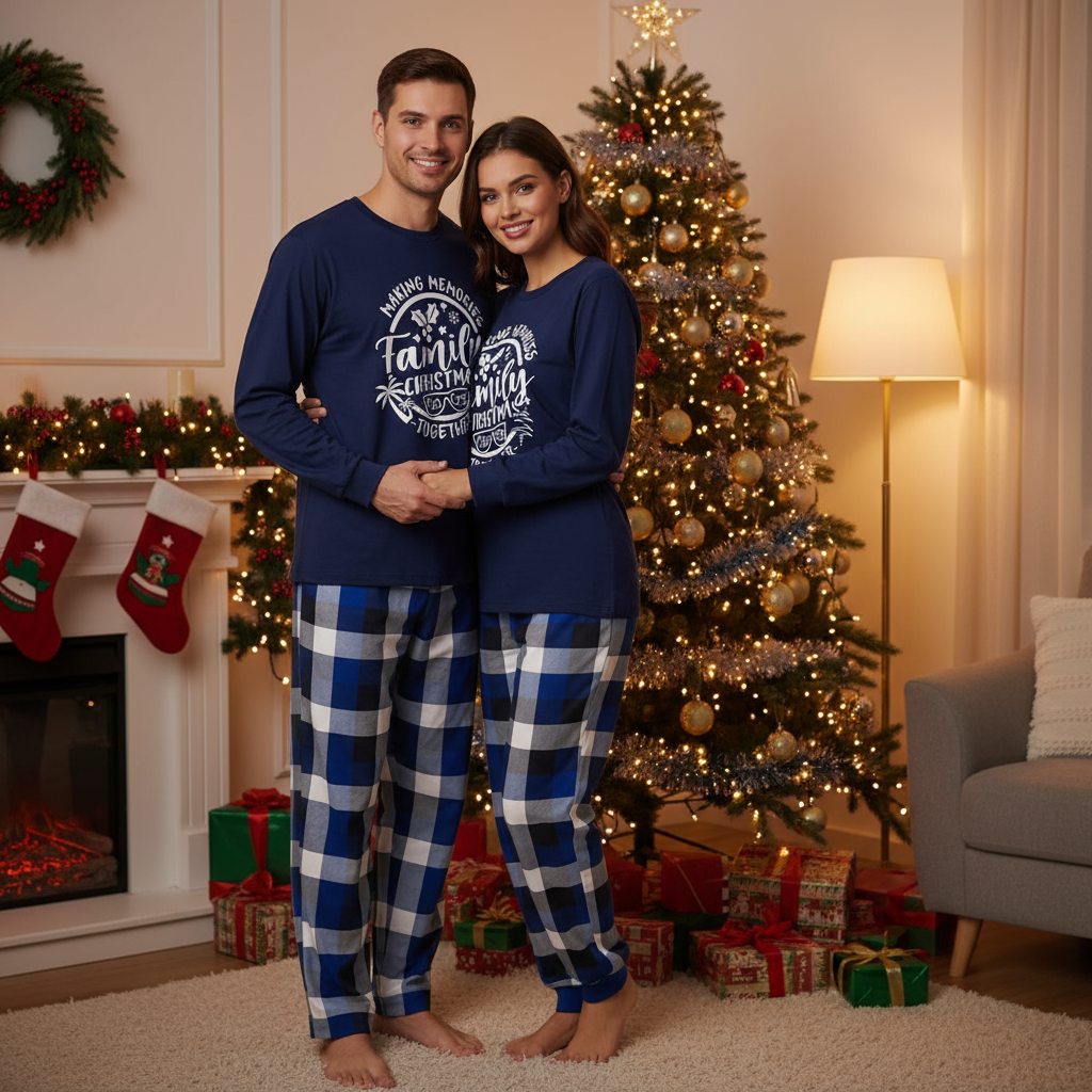 Christmas Couple Blue Plaid Pajamas With Make Memories Together 2025 Print