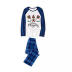 Merry Christmas Cute Gnome Print Casual Long Sleeve Sweatshirts Blue Sleeve Contrast Tops and Blue Plaid Pants Family Matching Pajamas Sets With Dog Bandan