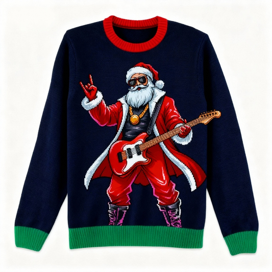 Rock Star Santa Print Holiday Sweater - Intentional Festive Quirk