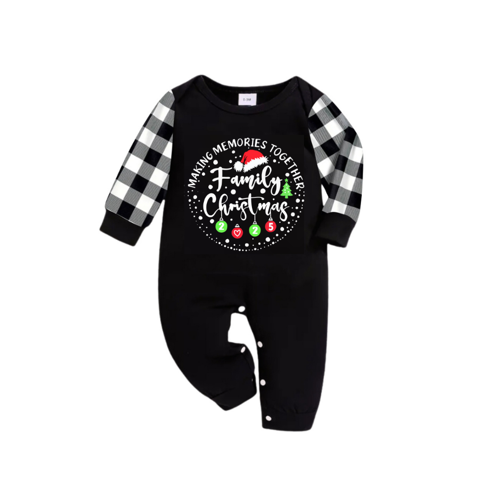 "MAKING MEMORIES TOGETHER FAMILY CHRISTMAS 2025" Text Pattern - Black Long Sleeve Top with Black And White Plaid Pants Family Matching Pajamas