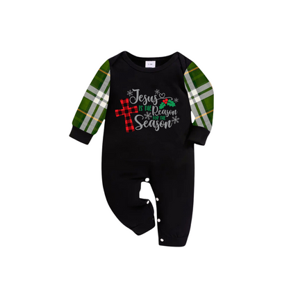Jesus Is the Reason Family Christmas Pajamas Set  Matching Black & Green Plaid